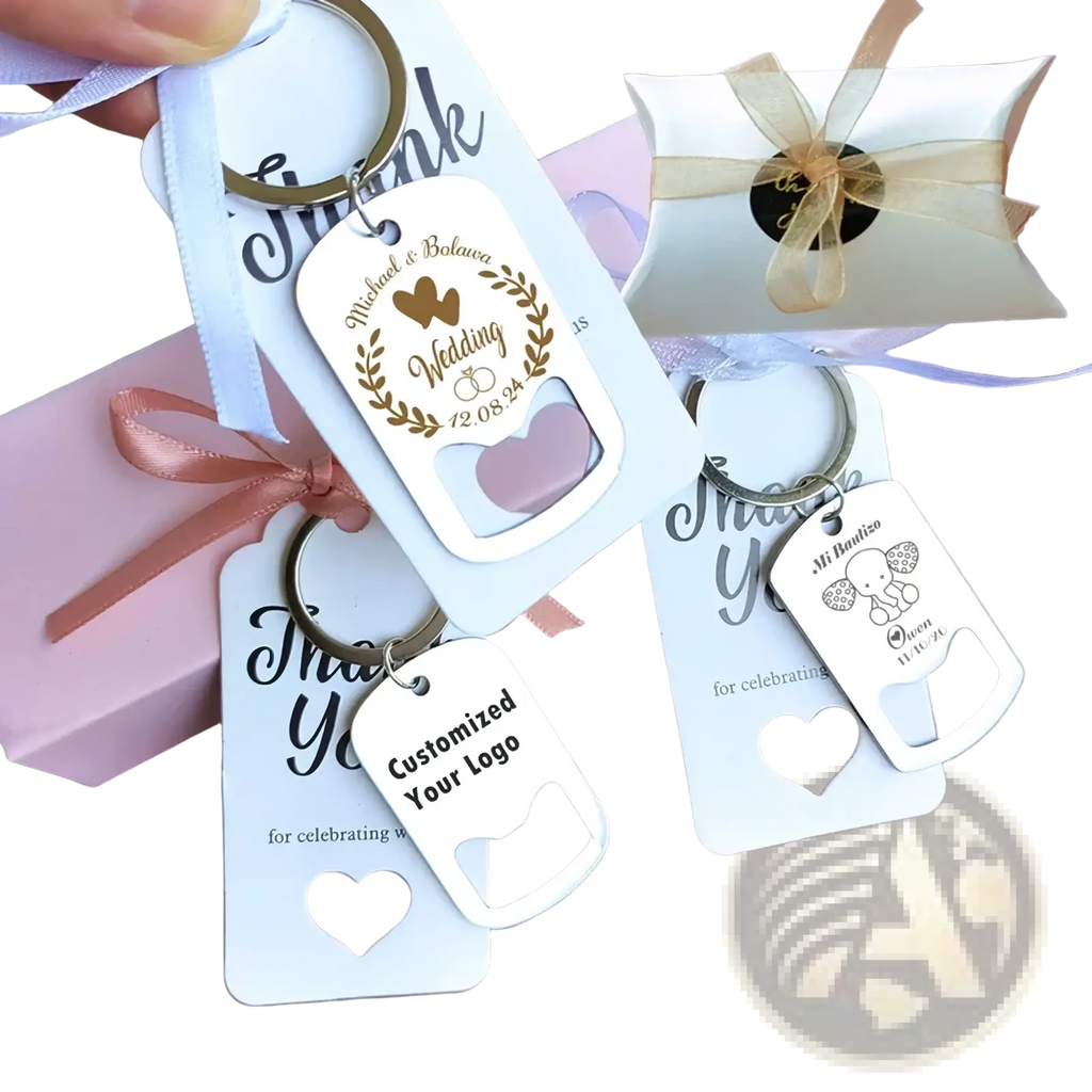 White metal dog tag keychain with engraved wedding details and built-in bottle opener for wedding favors