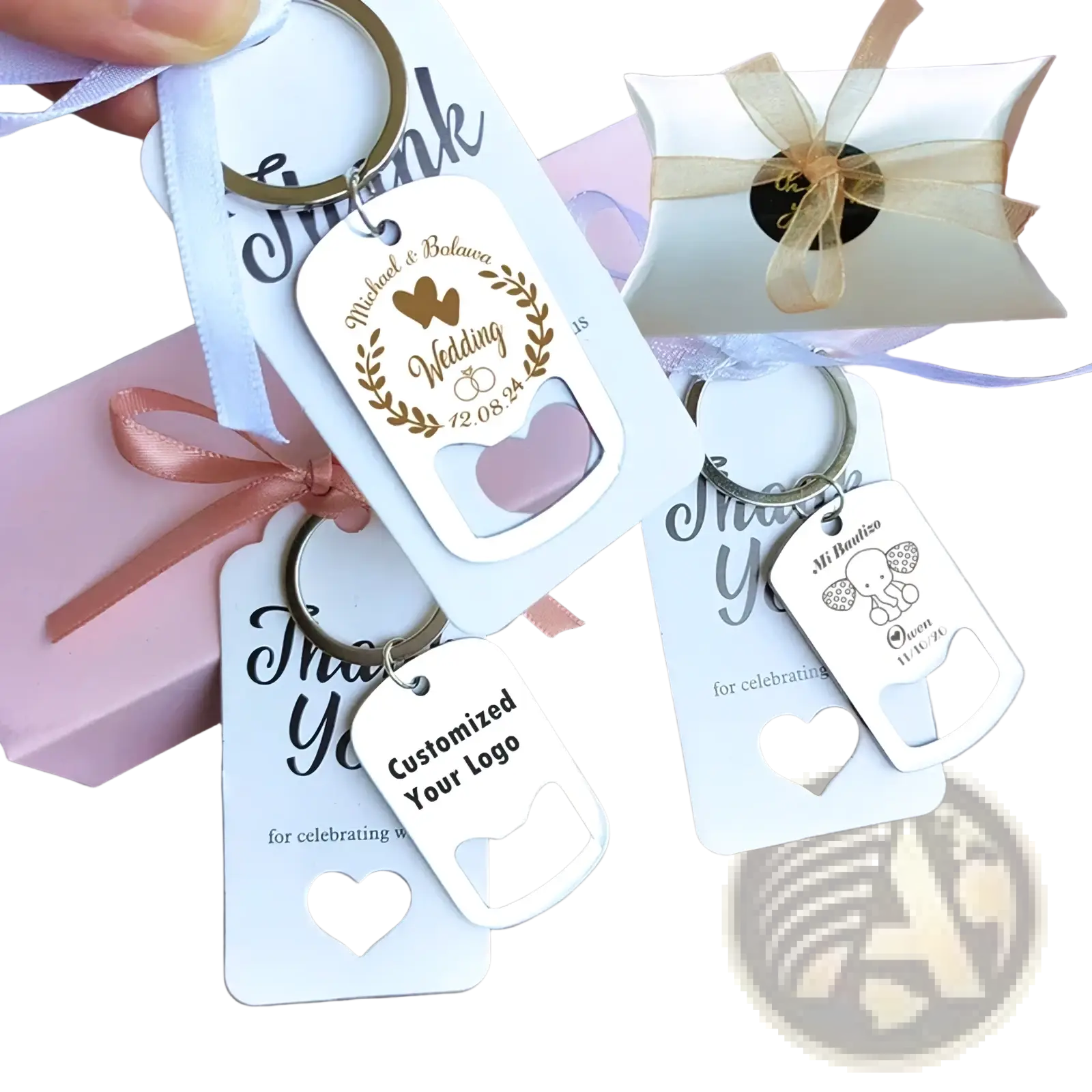 White metal dog tag keychain with engraved wedding details and built-in bottle opener for wedding favors