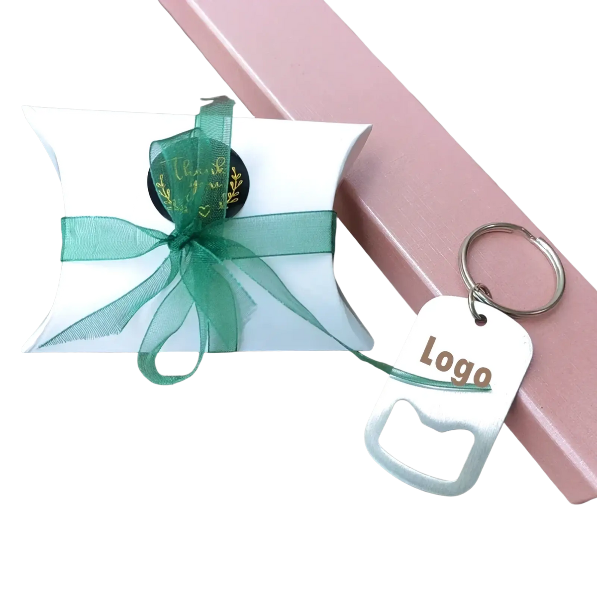 Personalized bottle opener keychains gift box in white paper with green organza ribbon and black button with gold foil lettering