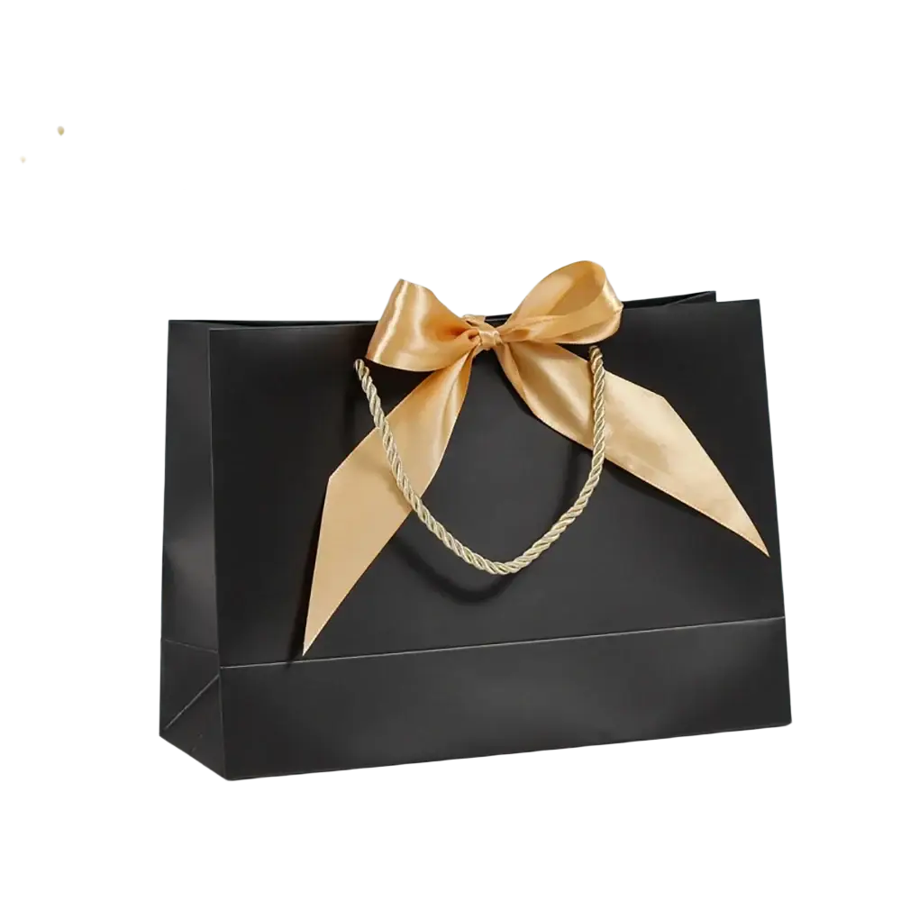 Black personalized bridesmaid gift bag with shiny gold satin bow and twisted rope handles for custom names