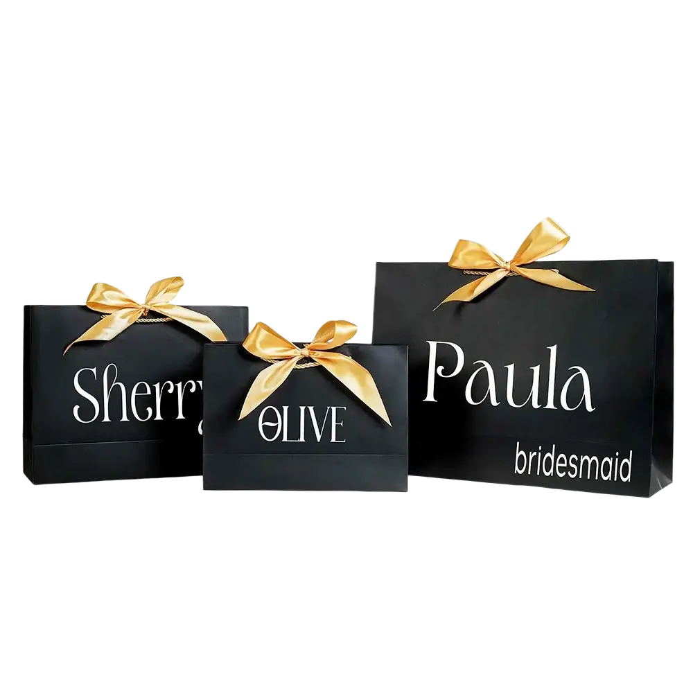 Black paper shopping bags with gold ribbons and white personalized names for bridesmaid gift bags custom name