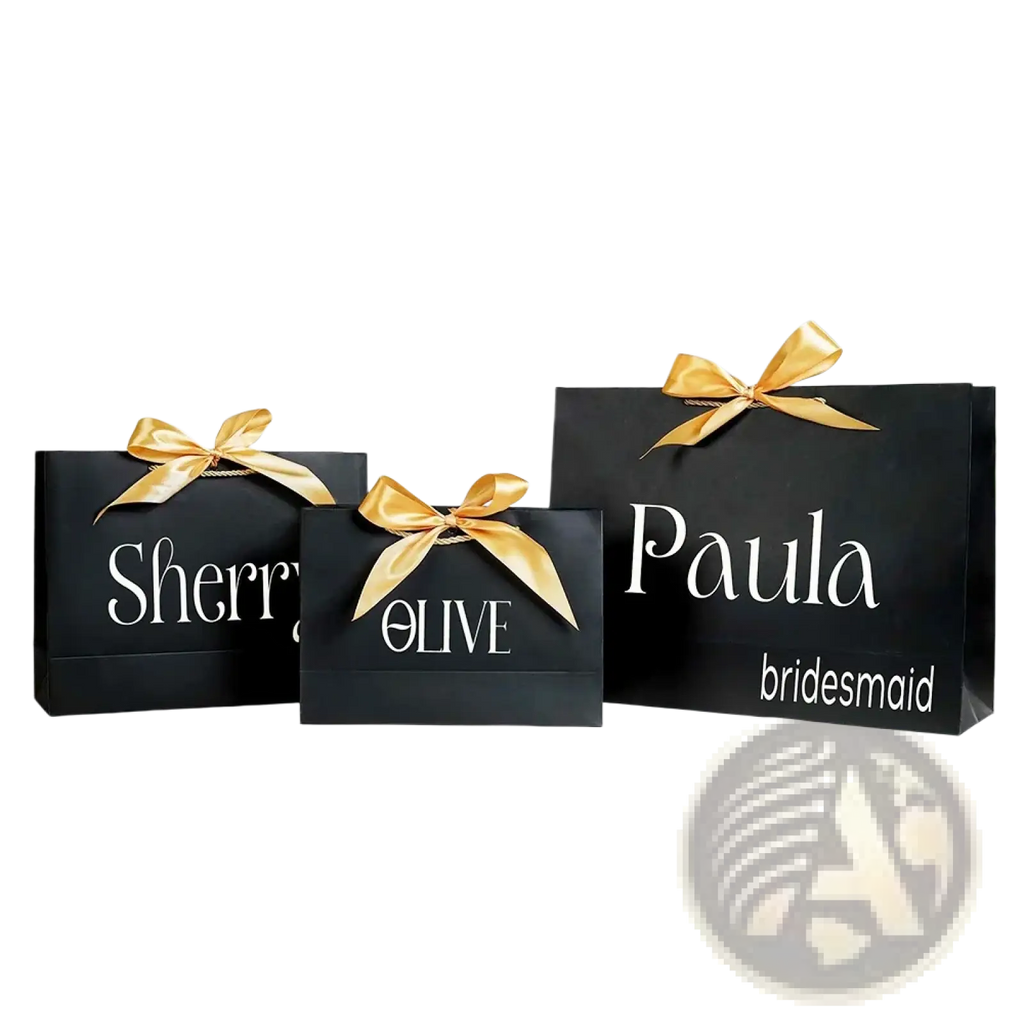 Black paper shopping bags with gold ribbons and white personalized names for bridesmaid gift bags custom name