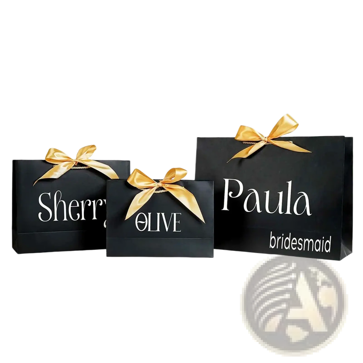 Black paper shopping bags with gold ribbons and white personalized names for bridesmaid gift bags custom name