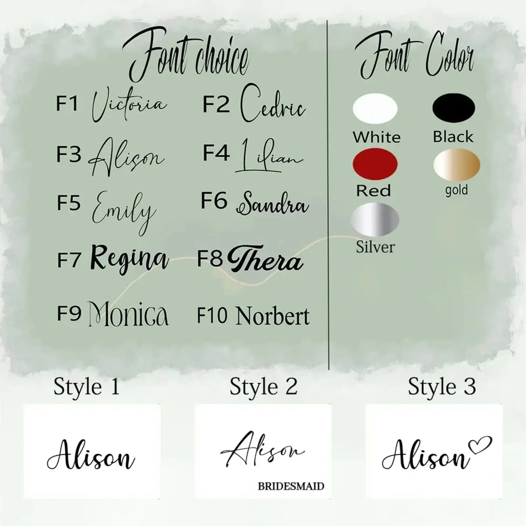 Personalized bridesmaid gift bags with customizable nameplate in cursive script ink on light green background