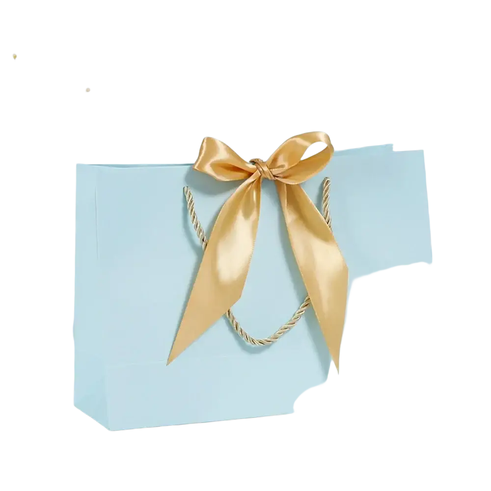 Light blue paper bridesmaid gift bag with shiny gold satin bow and twisted rope handles personalized with custom name