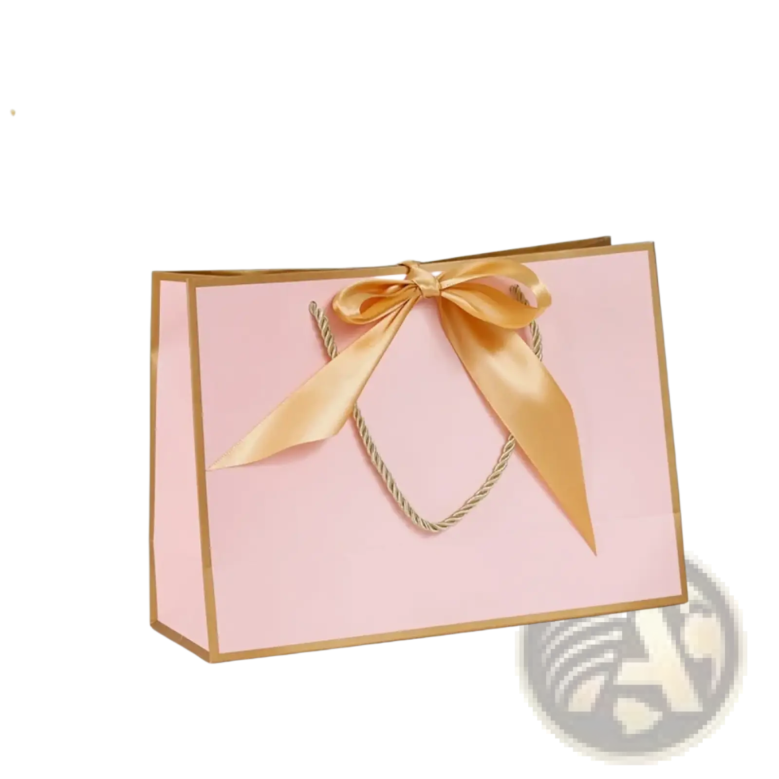 A pink personalized bridesmaid gift bag with gold trim and satin ribbon bow for custom name presentation