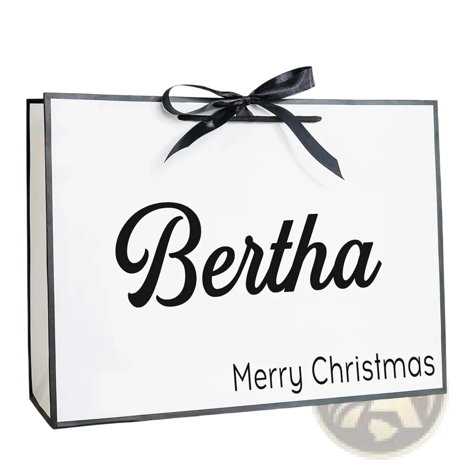 White personalized bridesmaid gift bag with black cursive name and merry christmas tied with glossy black ribbon