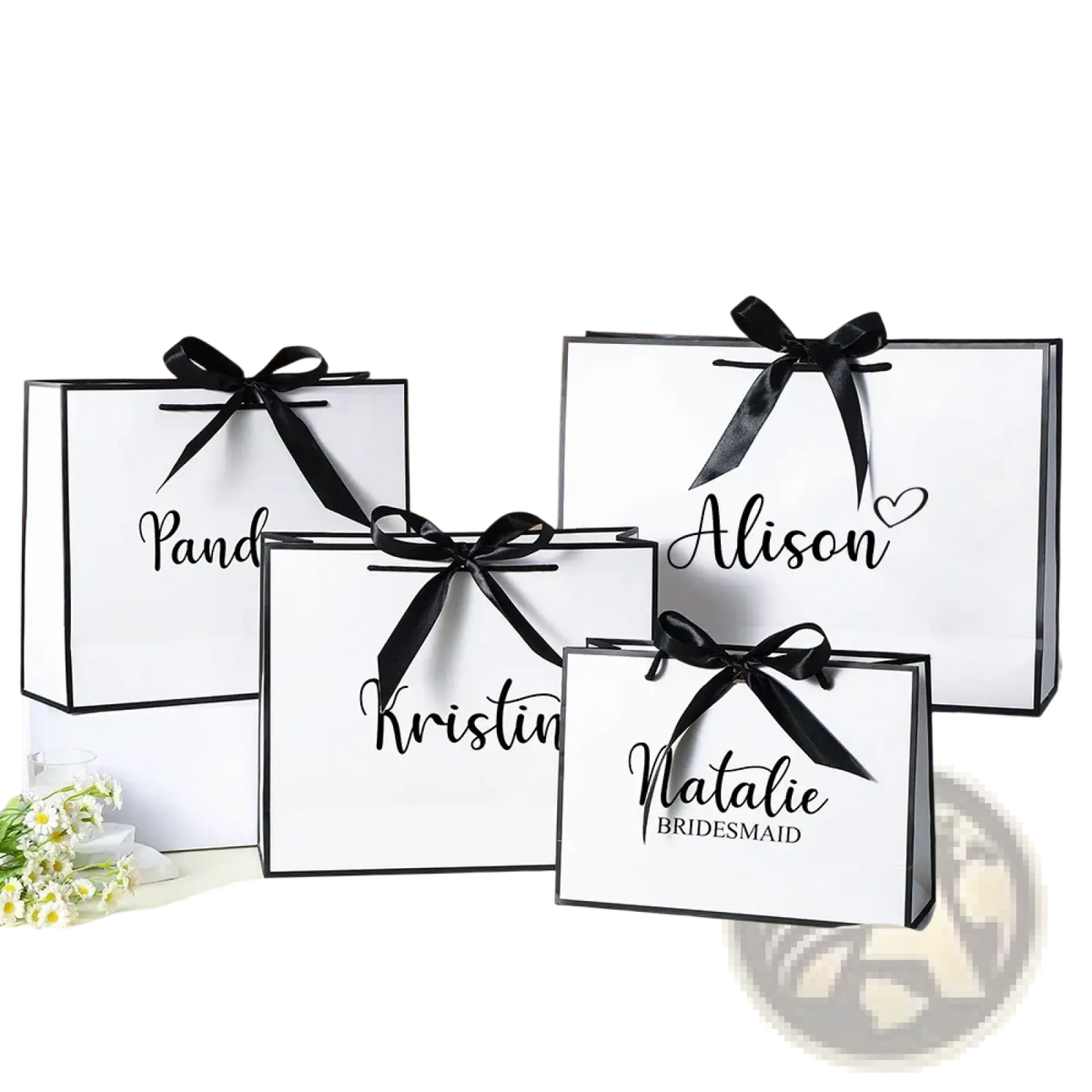 Personalized bridesmaid gift bags white paper with black ribbons and custom elegant cursive names for weddings