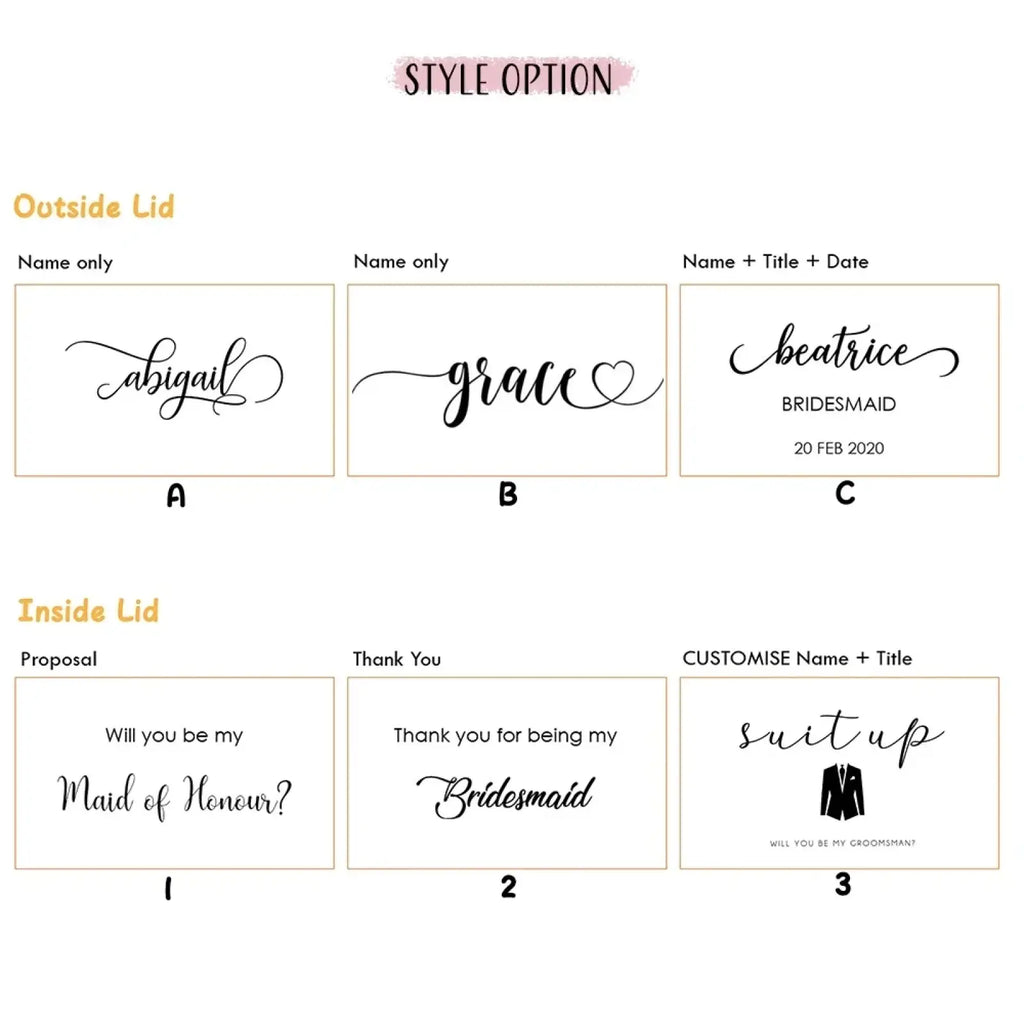 Personalized bridesmaid proposal gift box with customizable black cursive script and minimalist ribbon design