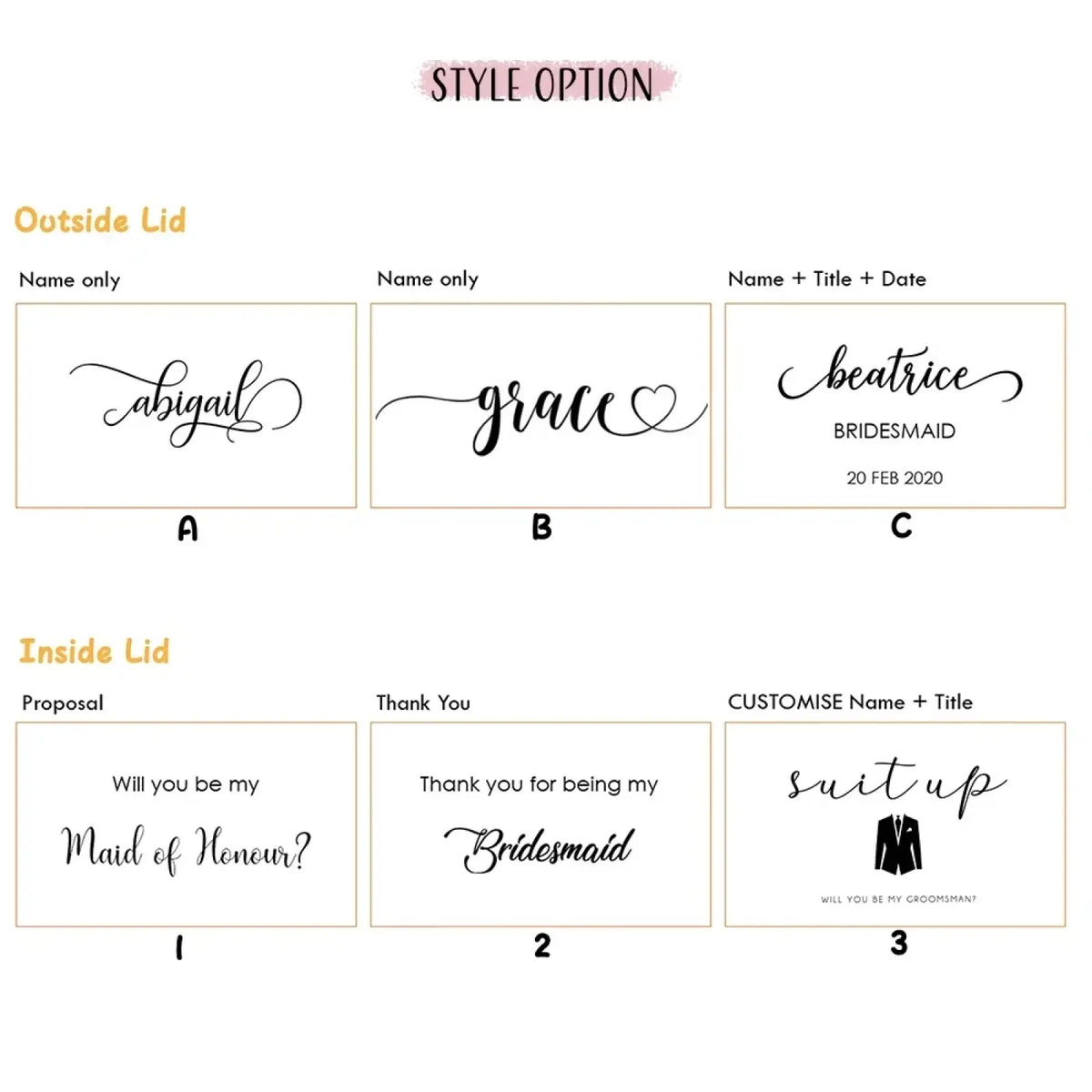 Personalized bridesmaid proposal gift box with customizable black cursive script and minimalist ribbon design