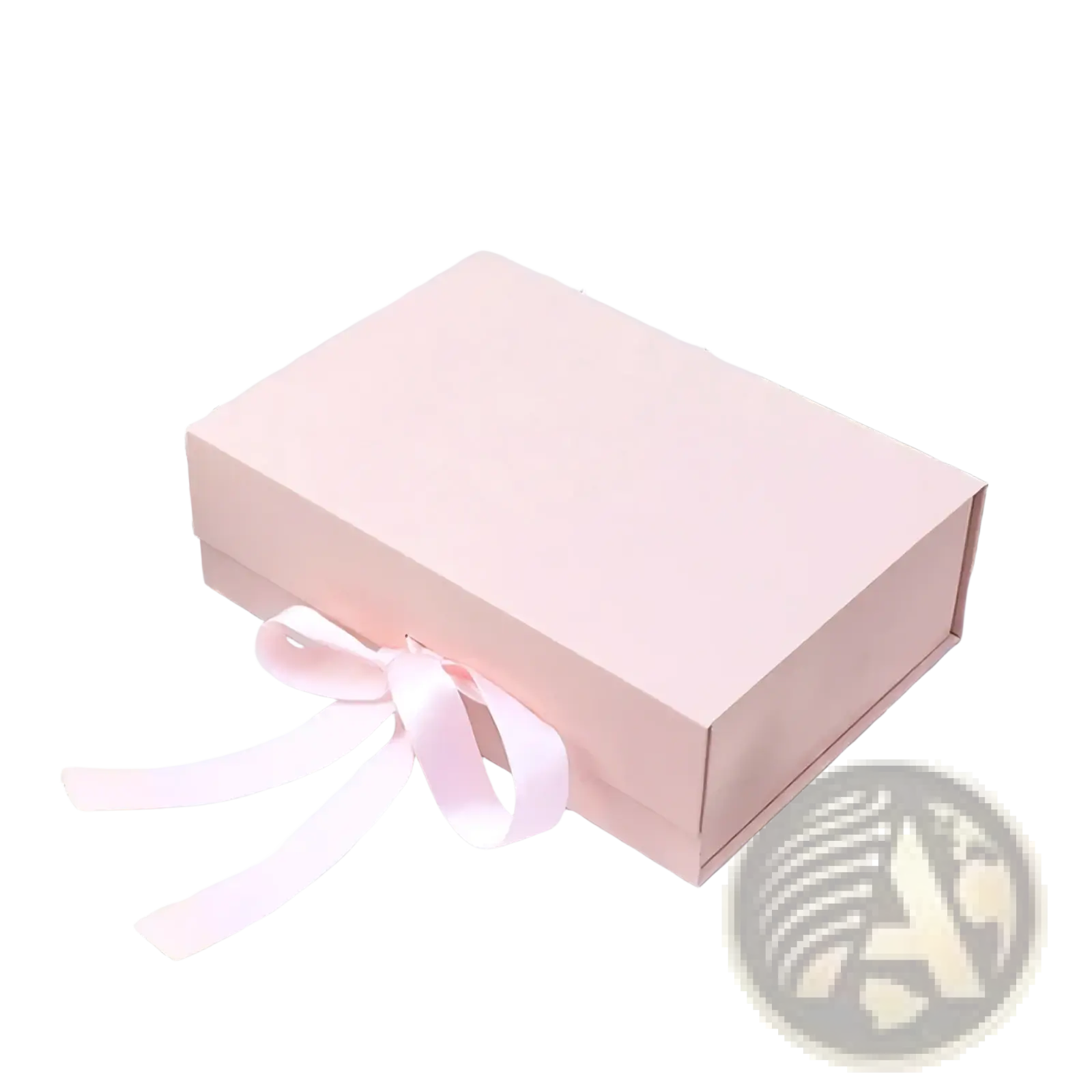A soft pink personalized bridesmaid proposal gift box with a matching satin ribbon tied into a bow on its side