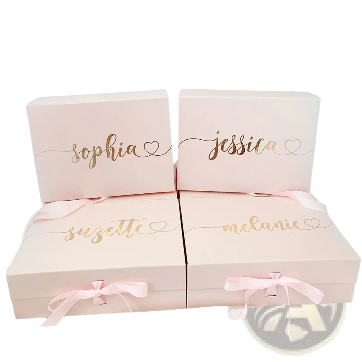 Pink personalized bridesmaid proposal gift boxes with gold foil names and matching ribbon closures