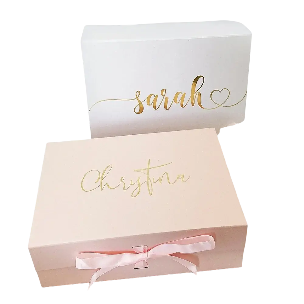 Personalized pink rectangular bridesmaid proposal gift box with gold foil script and matching satin ribbon bow