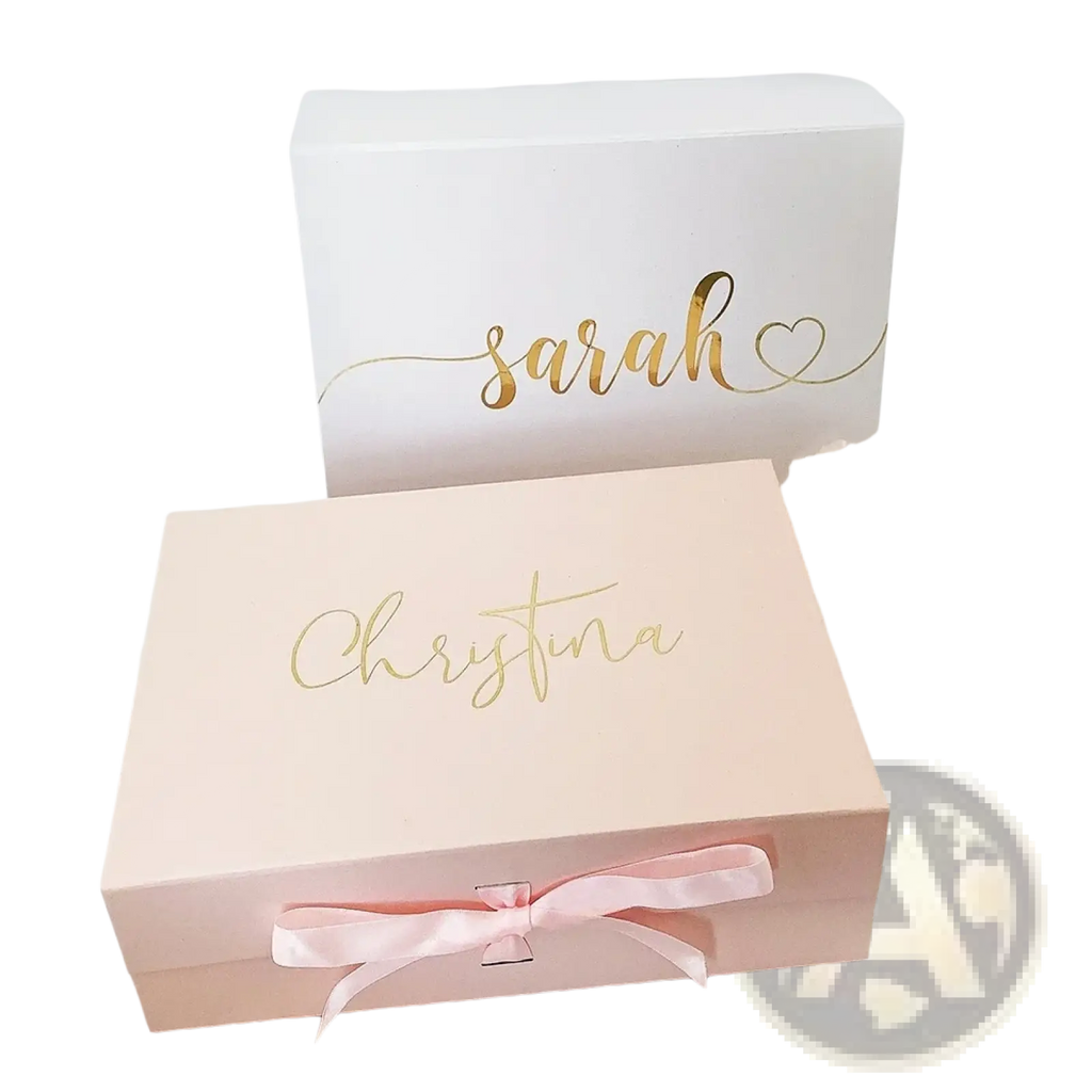 Personalized pink rectangular bridesmaid proposal gift box with gold foil script and matching satin ribbon bow