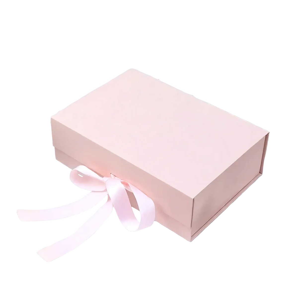 A soft pink personalized bridesmaid proposal gift box with a matching satin ribbon tied into a bow on its side