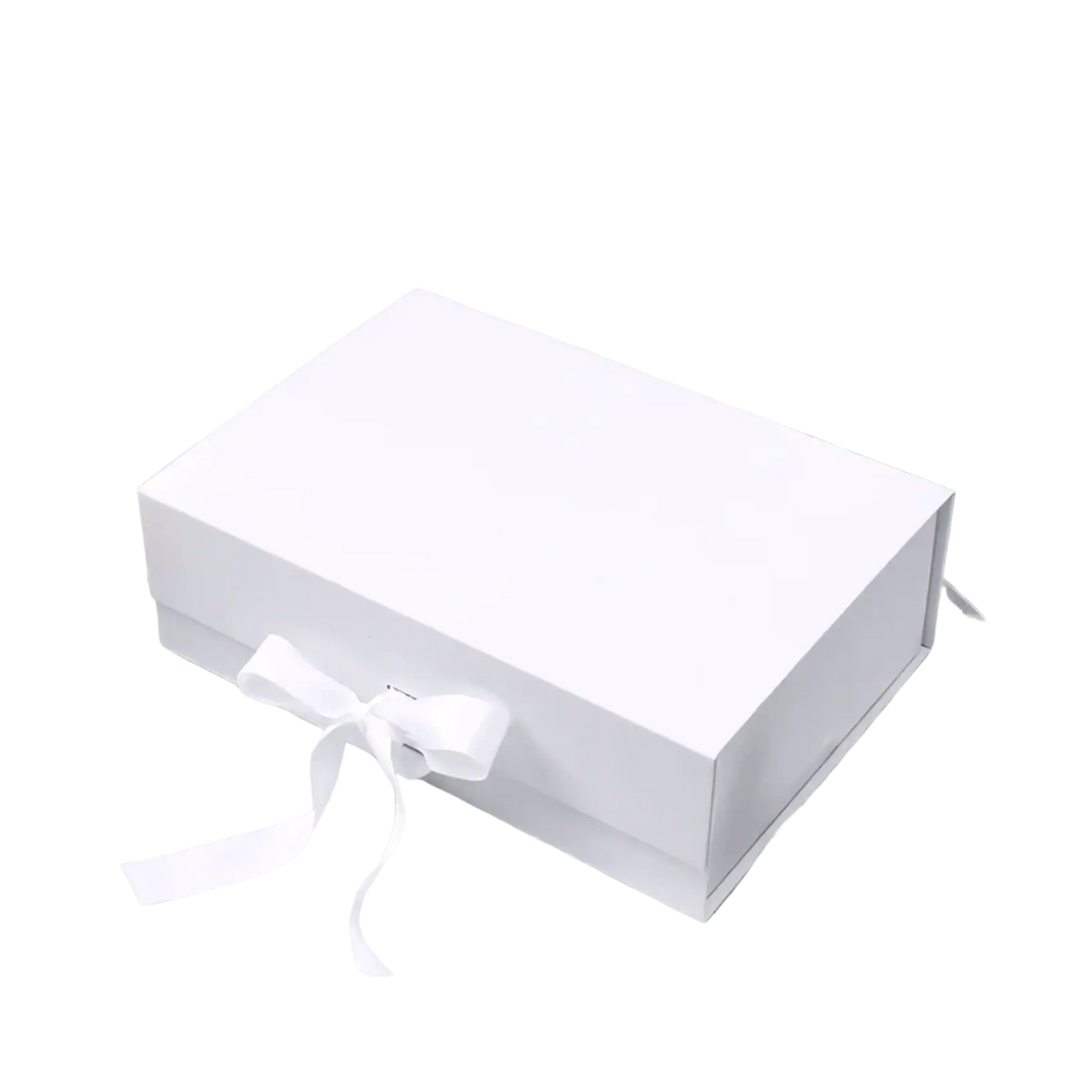 White rectangular personalized bridesmaid proposal gift box with satin ribbon bow tied around its center