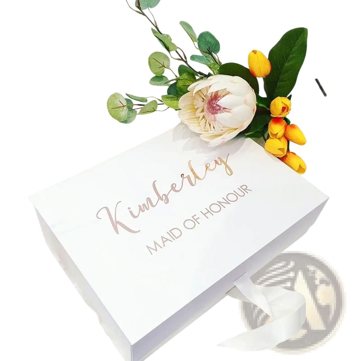 Personalized white rectangular bridesmaid proposal gift box with gold foil lettering and a white ribbon handle