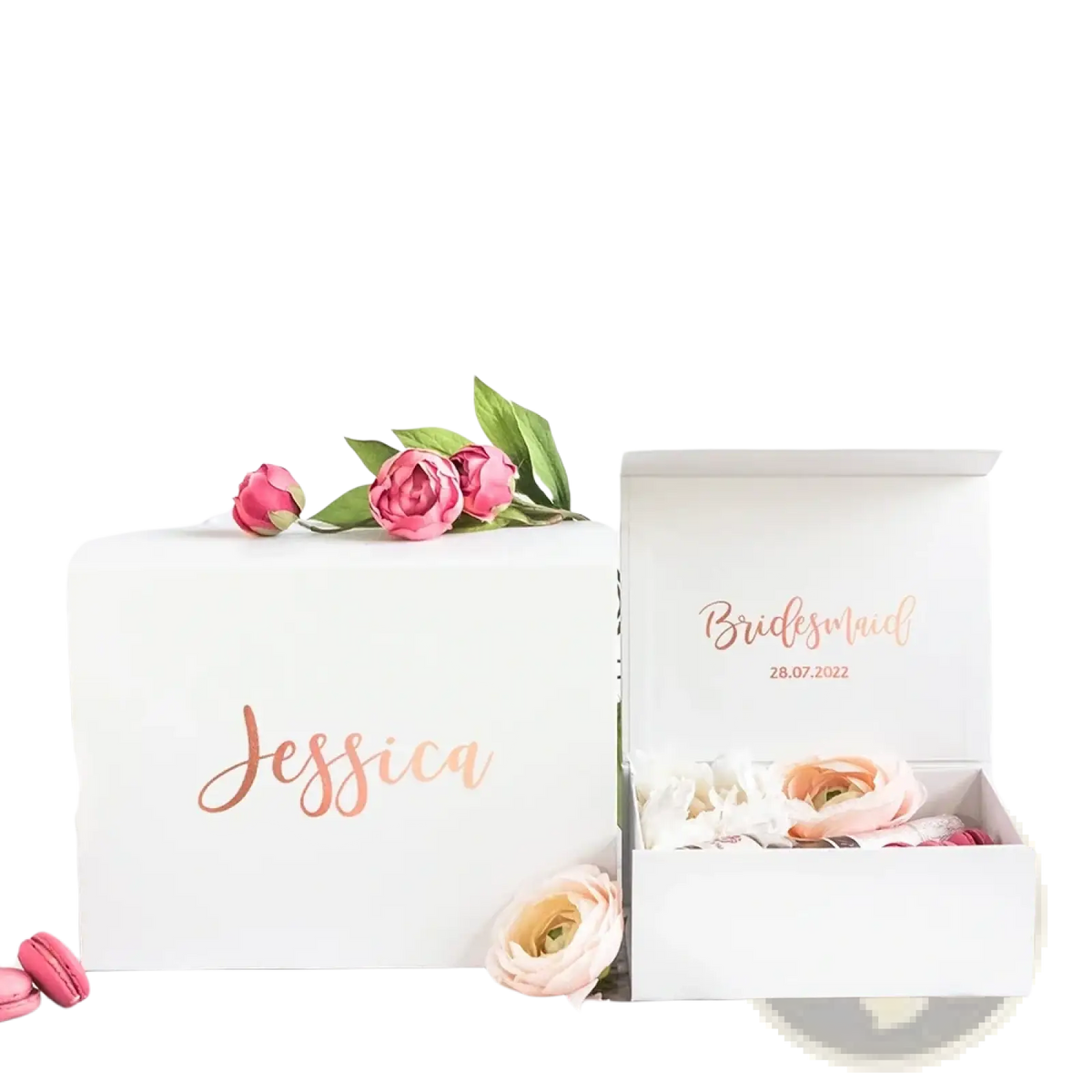 Personalized white bridesmaid proposal gift box with ribbon featuring rose gold cursive lettering and floral accents