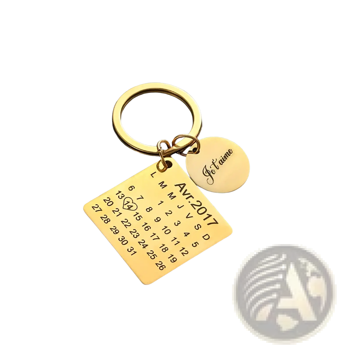 Gold-colored metal personalized calendar keychain with square charm engraved avr for custom anniversary gift