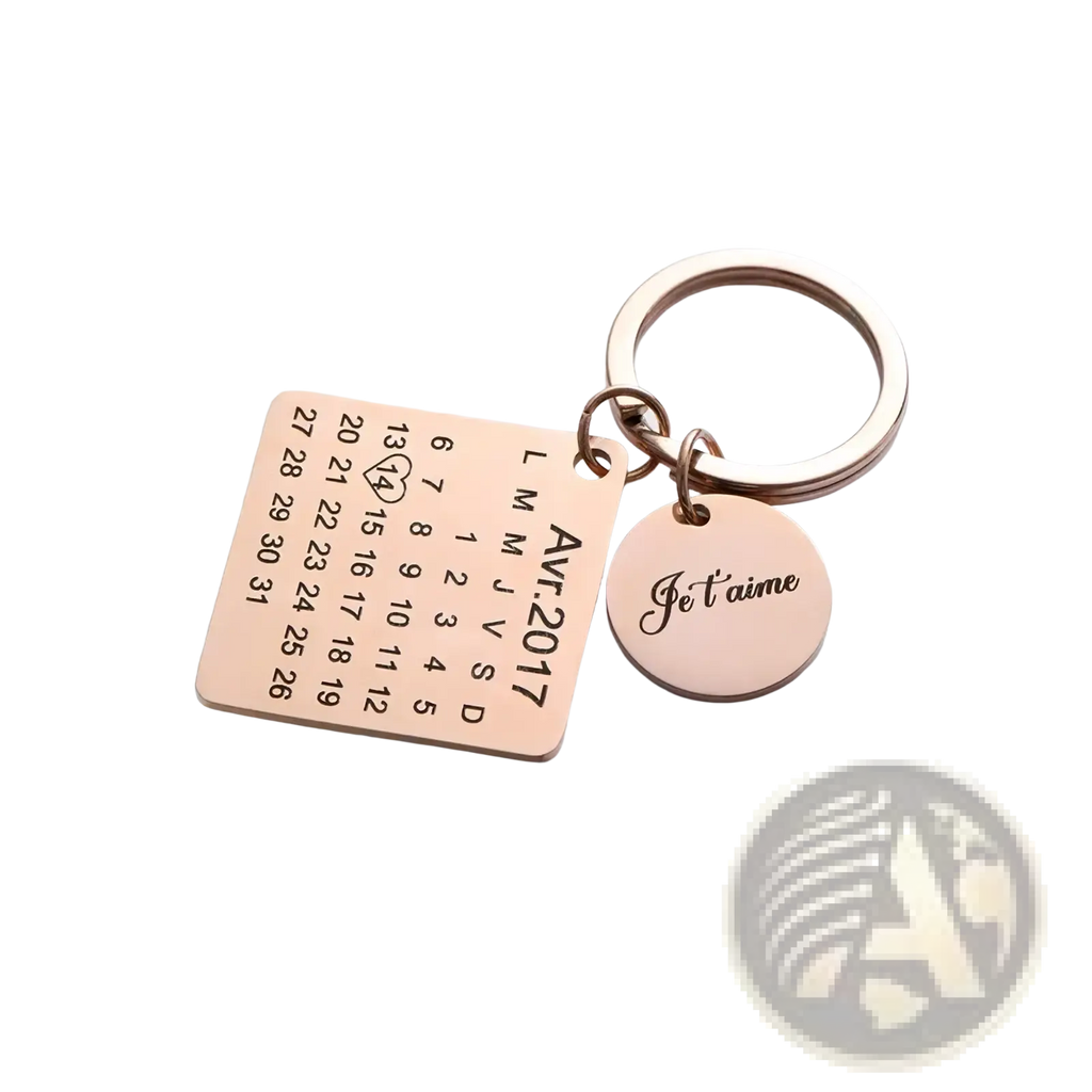 Rose gold-toned personalized calendar keychain with engraved avr.2017 charm and je taime disc for anniversary gift