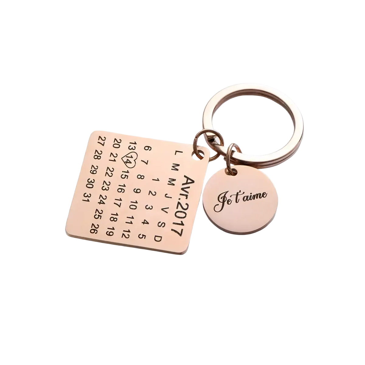 Rose gold-toned personalized calendar keychain with engraved avr.2017 charm and je taime disc for anniversary gift