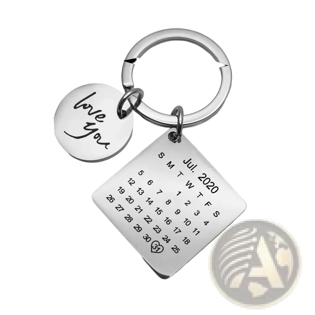 Silver personalized calendar keychain with circular love you charm and metal july 2020 calendar for anniversary gift