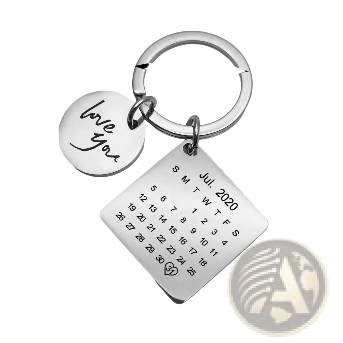 Silver personalized calendar keychain with circular love you charm and metal july 2020 calendar for anniversary gift