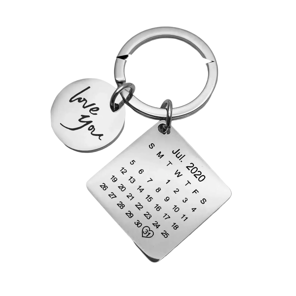 Silver calendar keychain featuring a personalized calendar charm for July 2020 and custom anniversary engraving love you