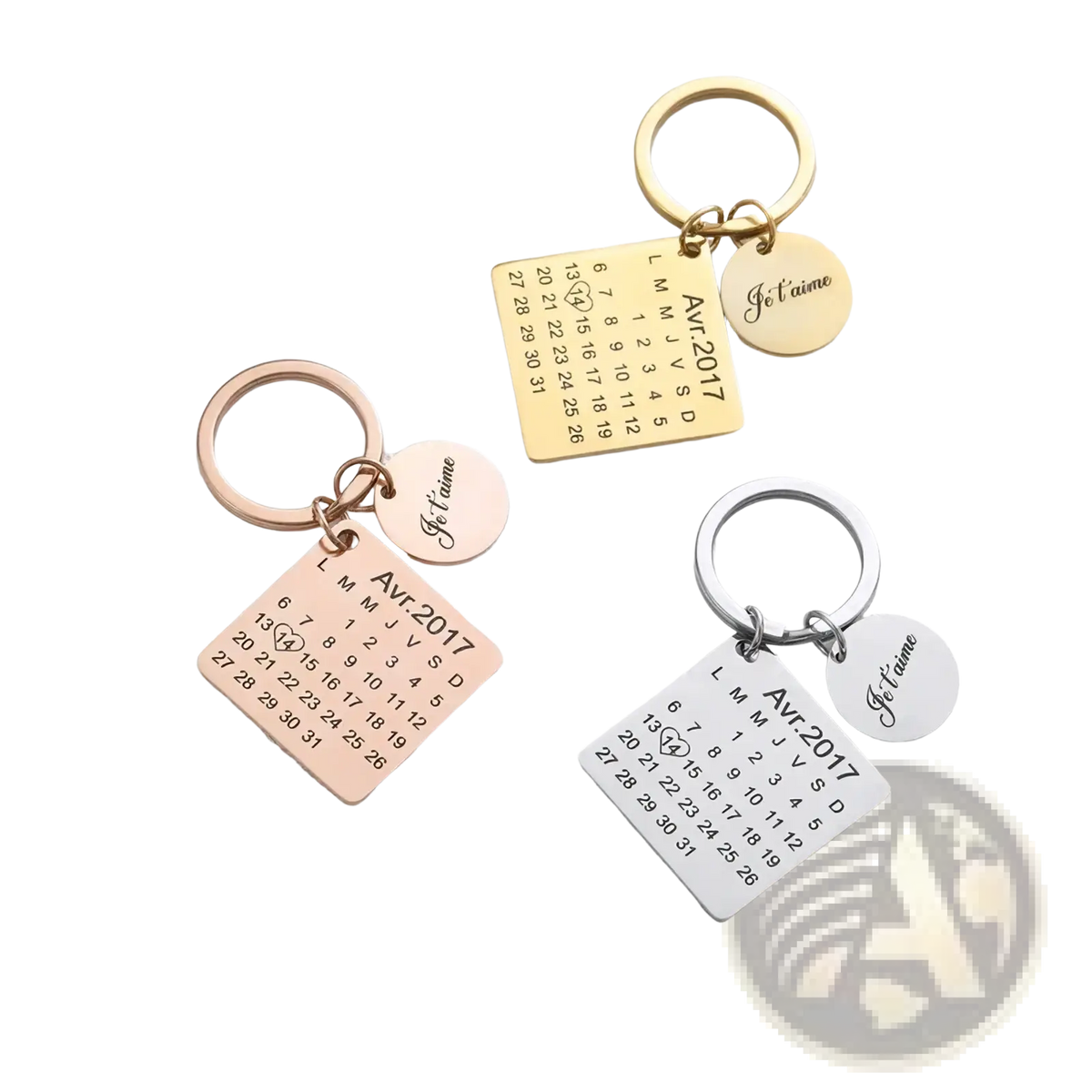 Personalized calendar keychains in rose gold and yellow gold with engraved april 2017 calendar charm and je taime disc