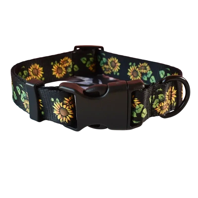 Personalized black dog collar with vibrant yellow and green sunflower pattern fits neck size with black buckle hardware