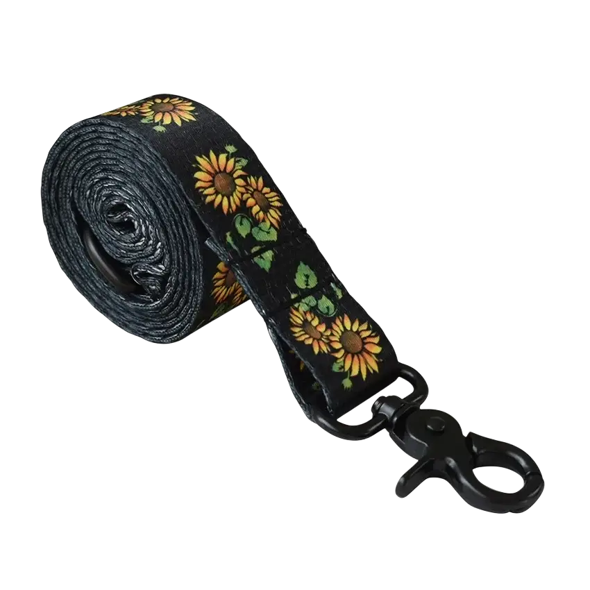 Personalized black sunflower-patterned dog leash with black metal clasp fits neck size for secure use