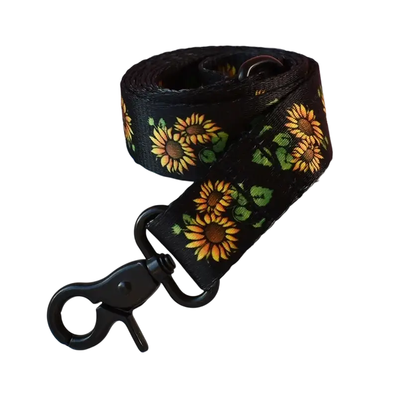 Personalized dog collar and leash set with black sunflower fabric strap and black metal clip fits neck size