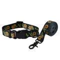 Personalized black sunflower-patterned dog collar and leash set with black plastic hardware fits neck size comfortably