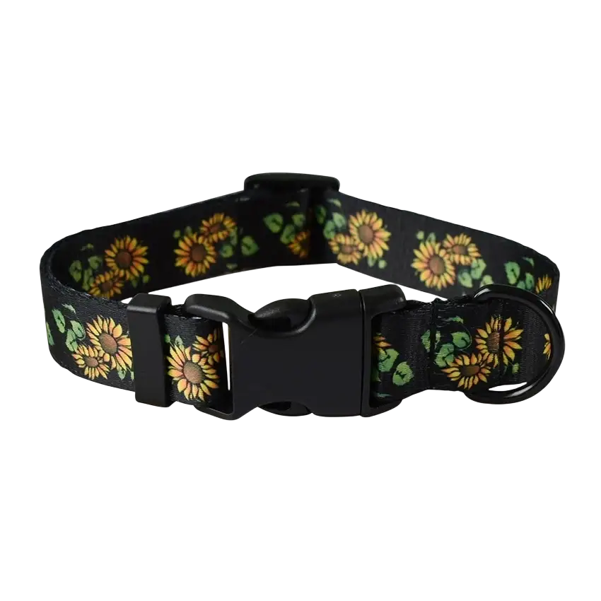 Black sunflower-patterned personalized dog collar with black plastic buckle and d-ring fits neck size securely