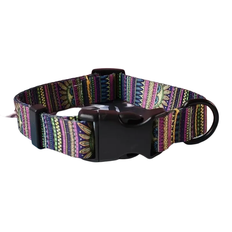A vibrant patterned personalized dog collar with a black plastic buckle and d-ring fits neck size comfortably