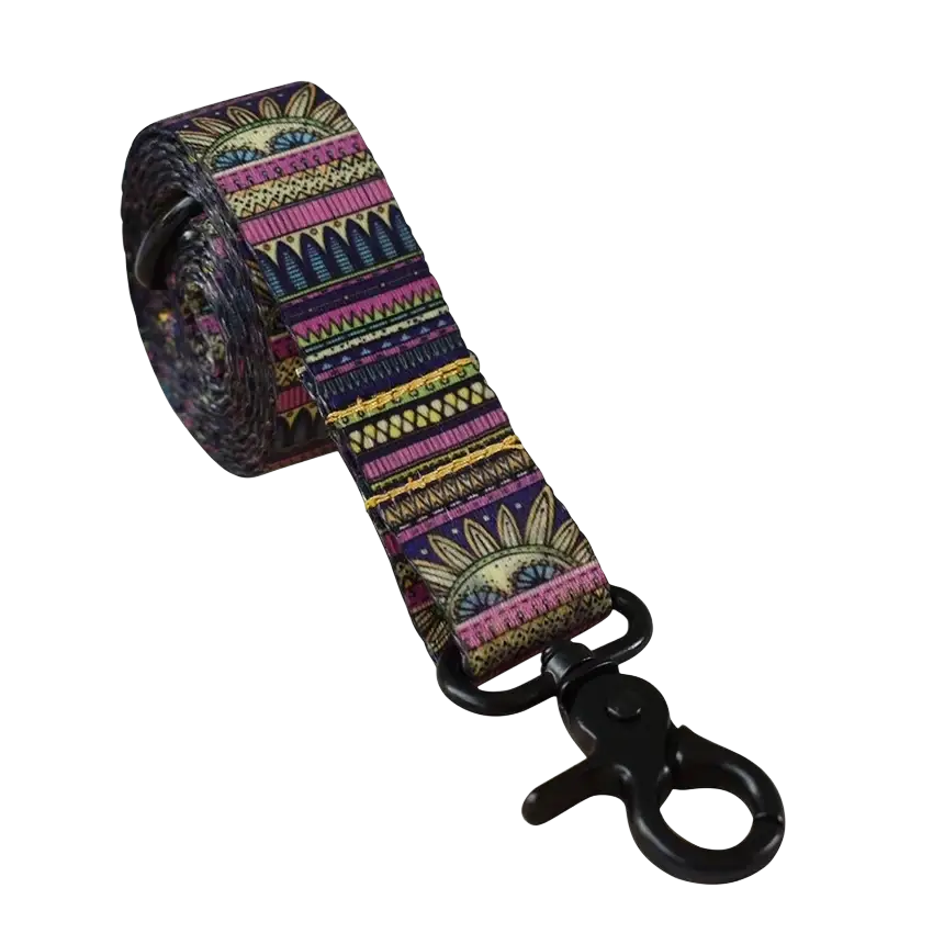 Personalized dog collar and leash set in vibrant patterned fabric with black clasp fits neck size accurately