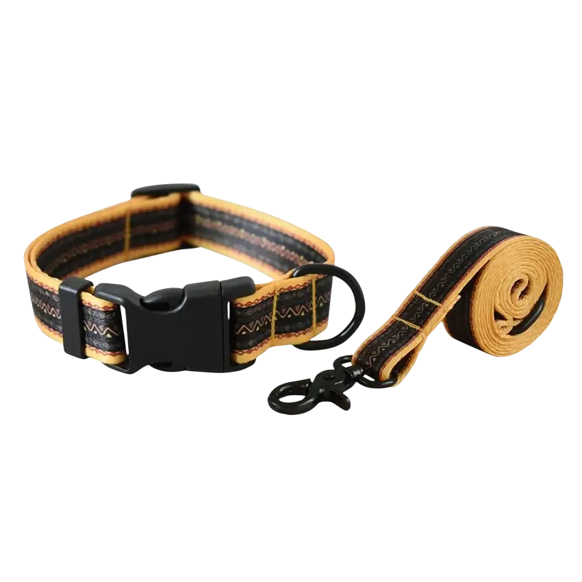 Personalized yellow and black patterned dog collar and leash set in durable nylon fabric fits neck size securely