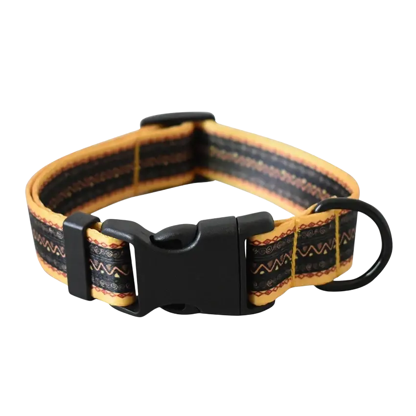 Personalized yellow and black tribal patterned dog collar with sturdy black plastic buckle fits neck size securely