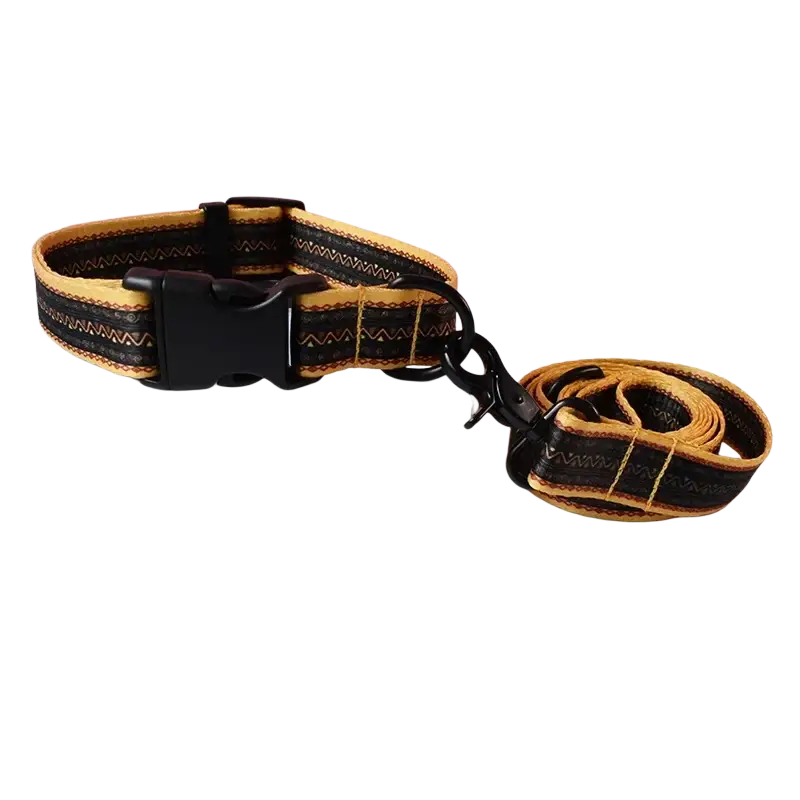 Yellow and black woven personalized dog collar and leash set with black buckle fits neck size securely