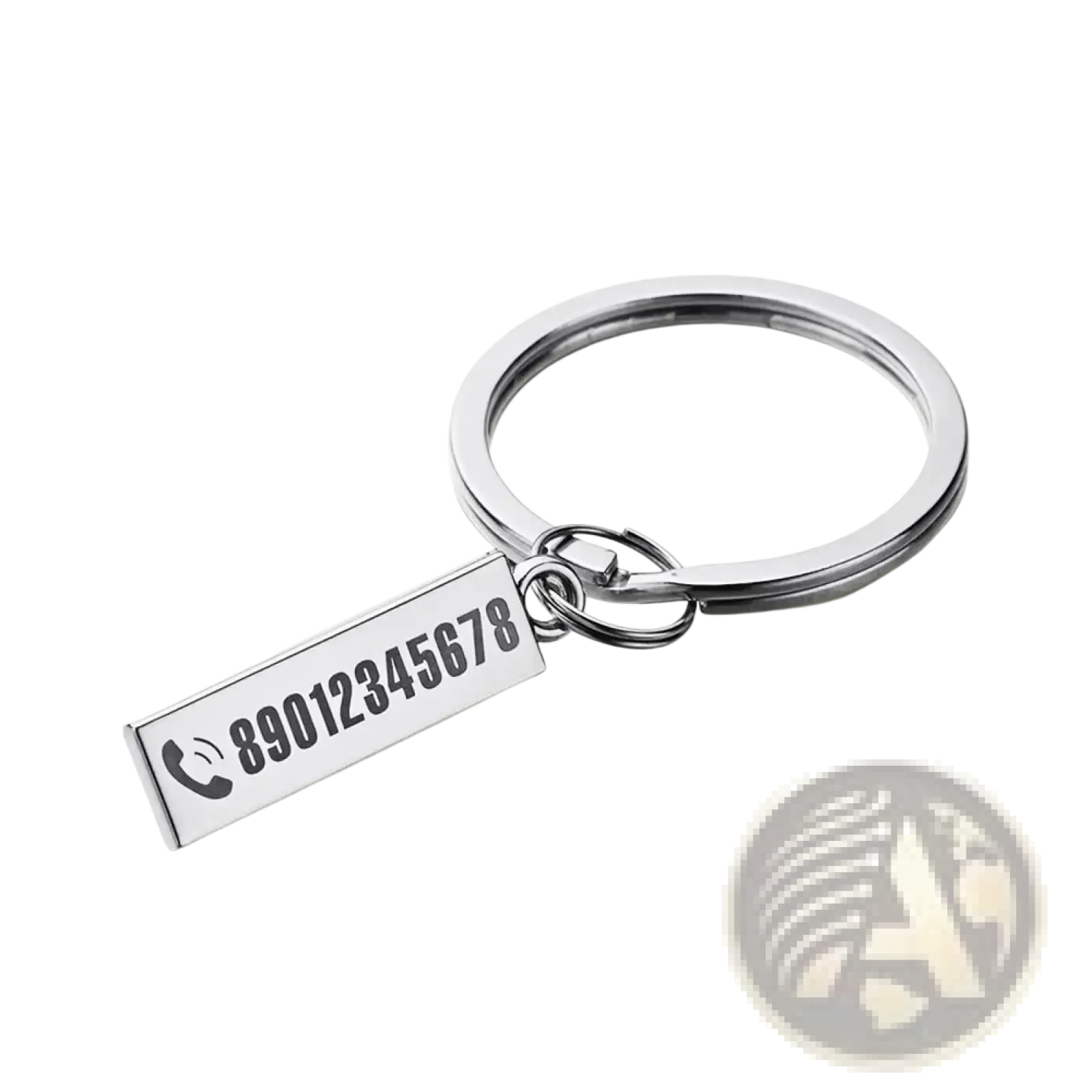 Silver rectangular personalized engraved metal anti-lost keychain with phone number and icon visible on the front side