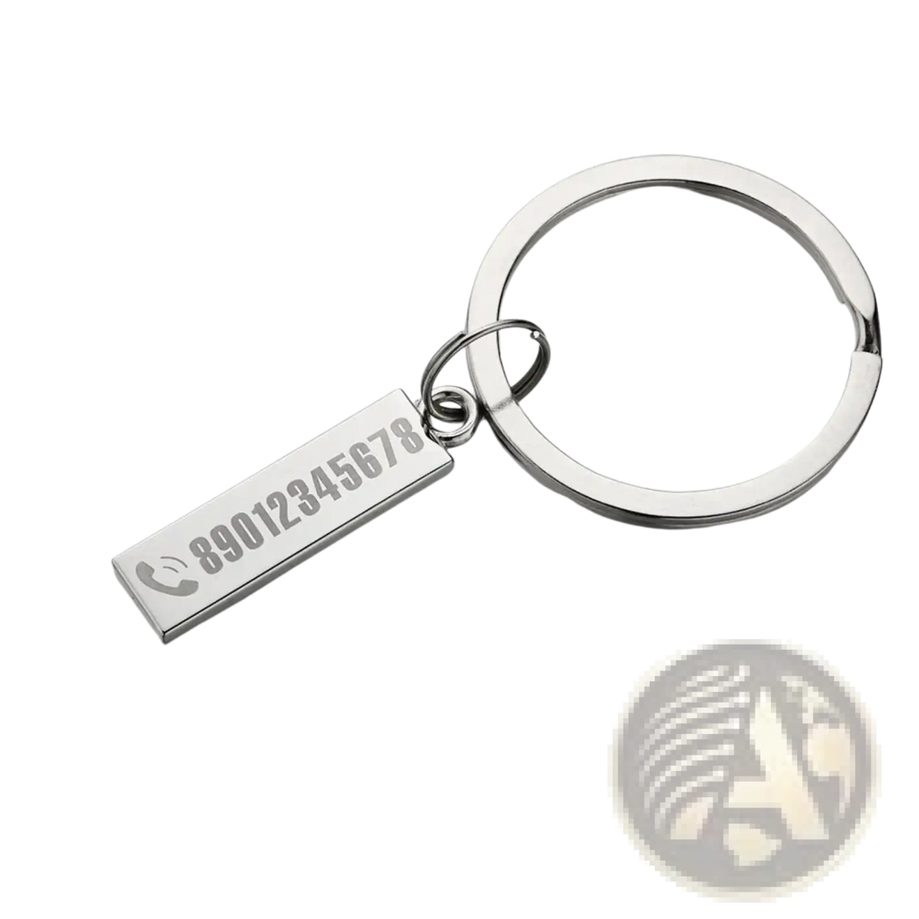 Silver rectangular personalized engraved metal anti-lost keychain with phone number and icon attached to circular ring