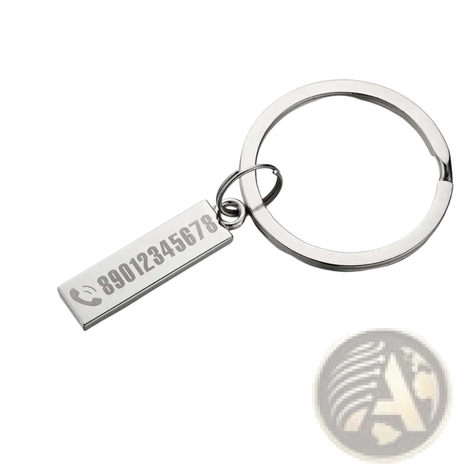 Silver rectangular personalized engraved metal anti-lost keychain with phone number and icon attached to circular ring
