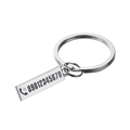 Silver rectangular personalized engraved metal anti-lost keychain with phone number and icon visible on the front side