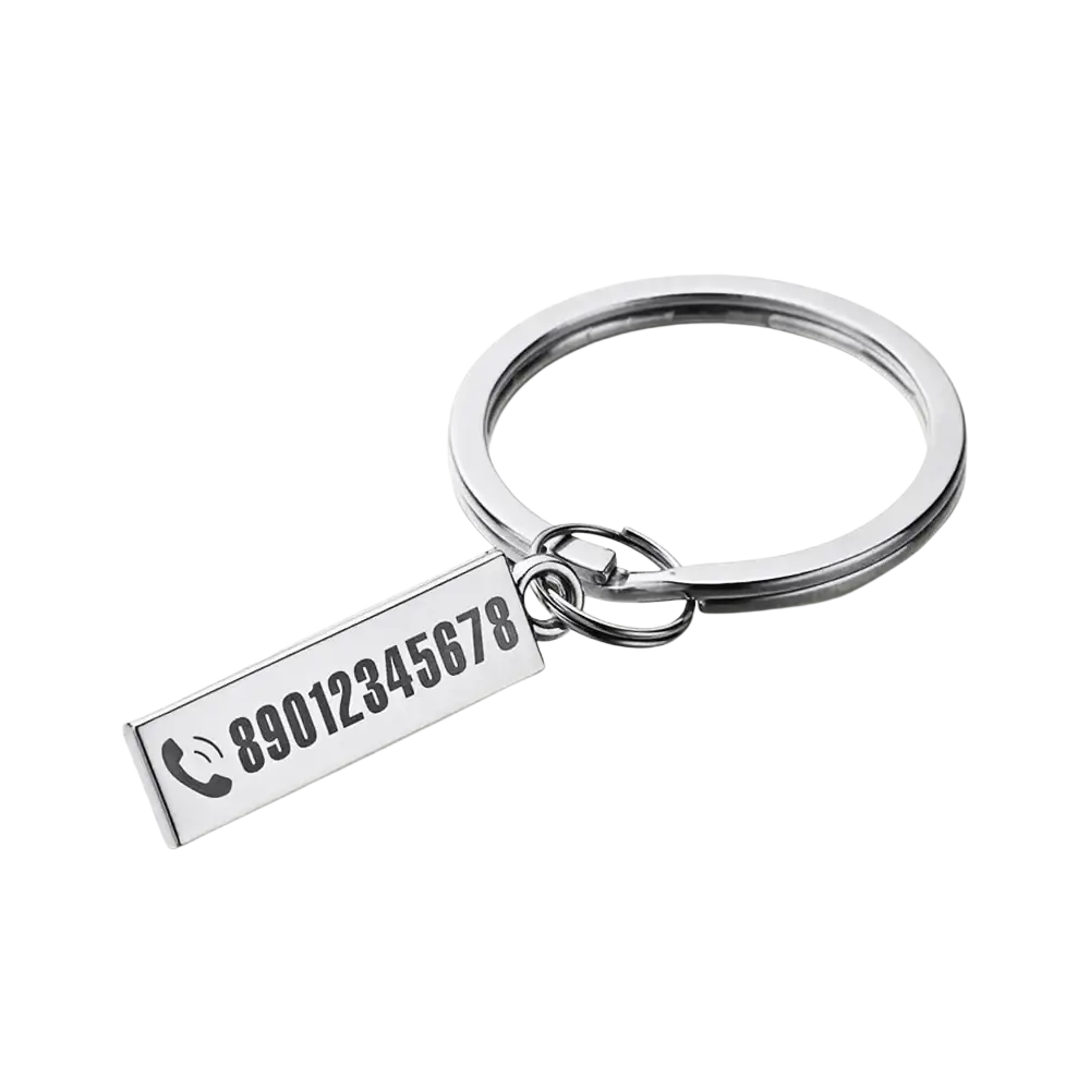 Silver rectangular personalized engraved metal anti-lost keychain with phone number and icon visible on the front side