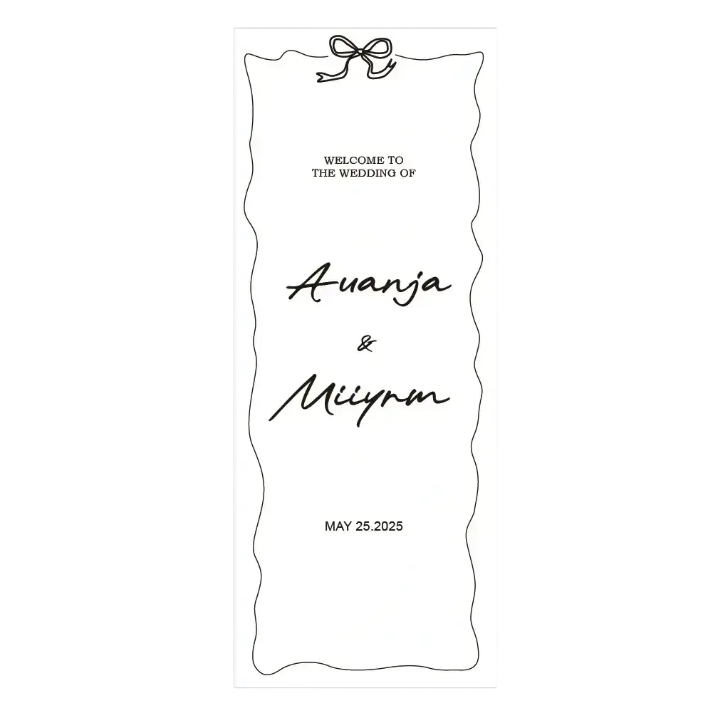 Personalized fabric wedding welcome sign featuring a black ink program with elegant cursive and decorative bow