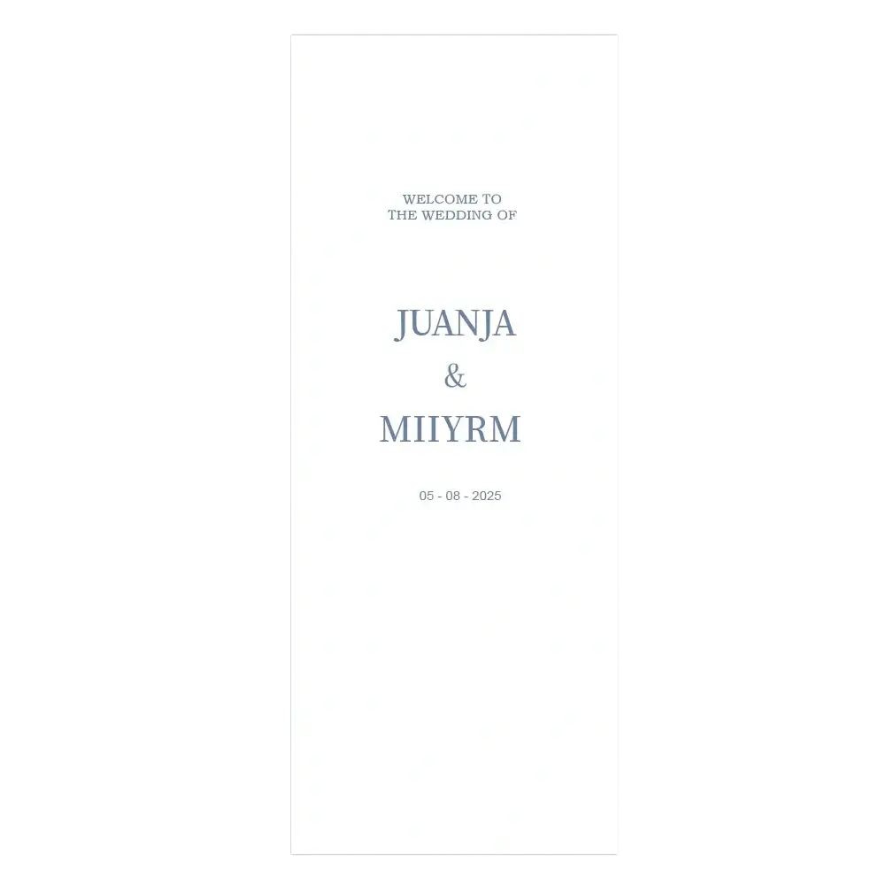 Minimalist white personalized fabric wedding welcome sign with elegant gray text announcing Juanja and Miiyrm marriage date