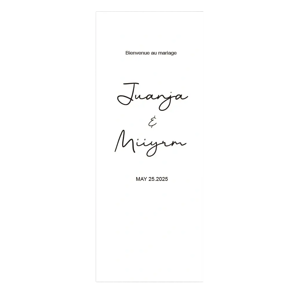 Minimalist white personalized fabric wedding welcome sign with elegant black cursive script juanja and miigam date