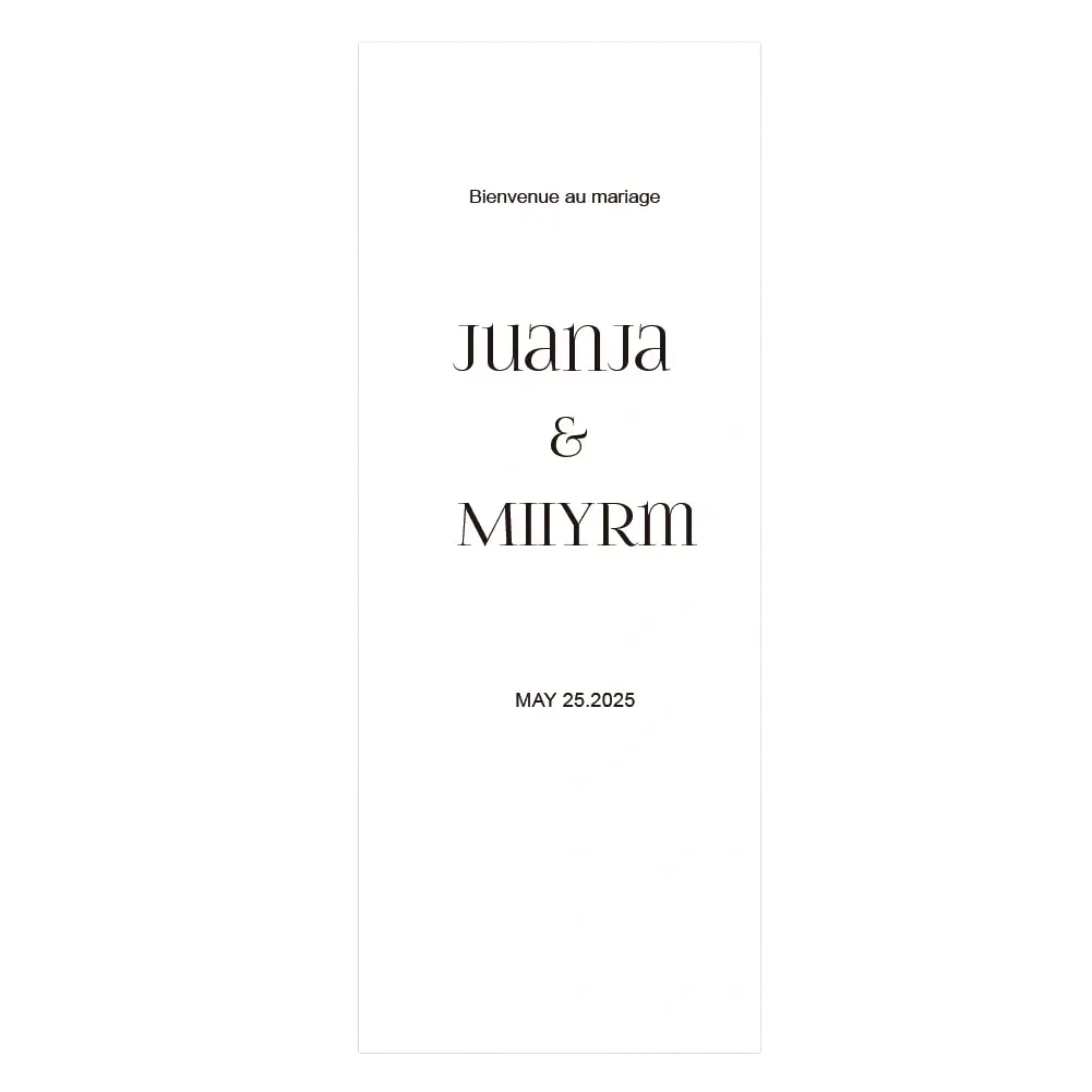 Minimalist white fabric wedding welcome sign with elegant black serif typography featuring juanja and miiyrm may 25 2025