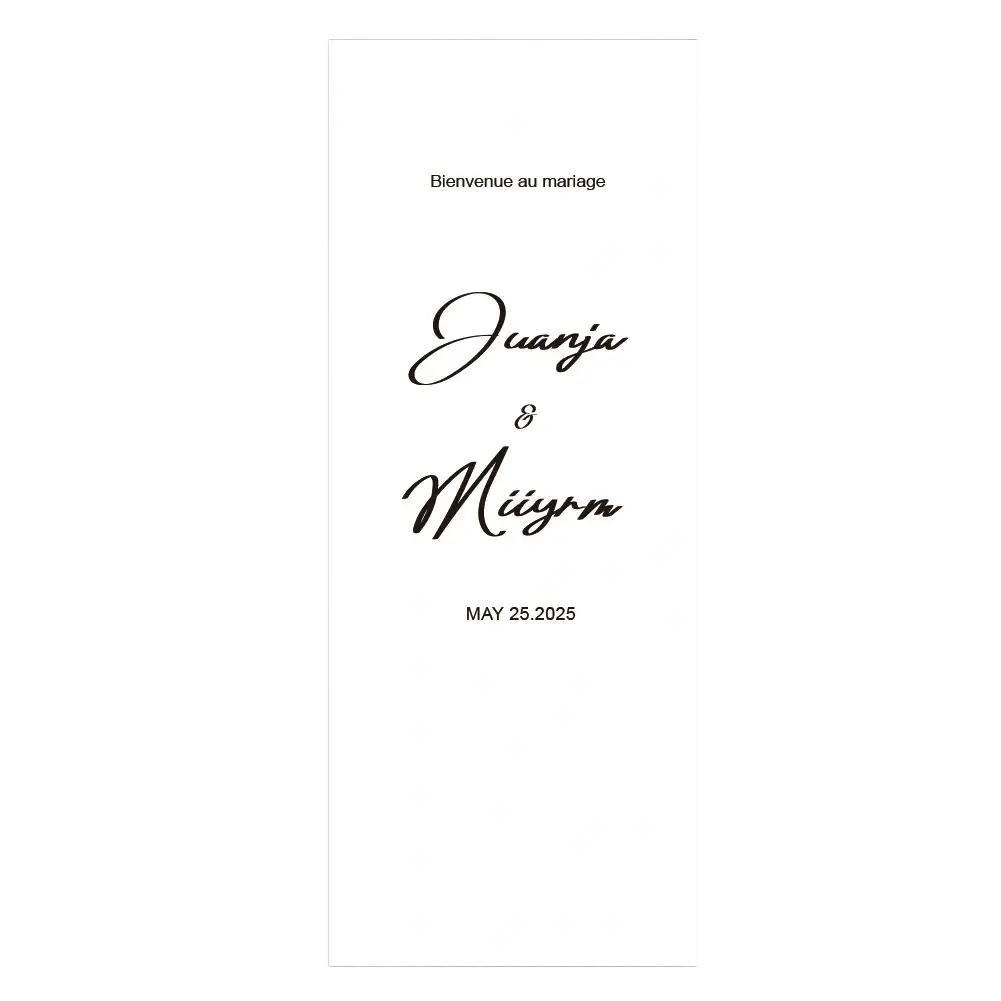 A minimalist white fabric wedding welcome sign with elegant black cursive names juanja and miüyn and date