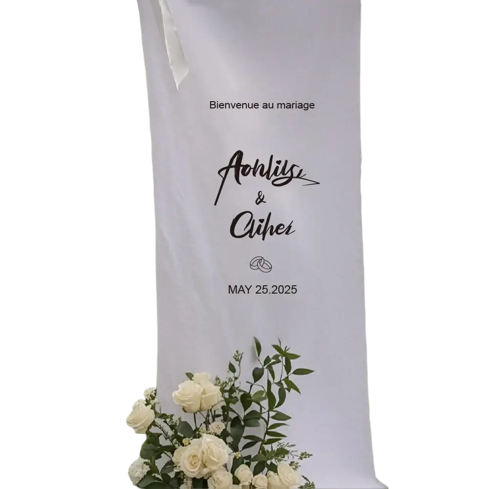 Personalized white fabric wedding welcome sign with black cursive script and custom date banner for wedding decor